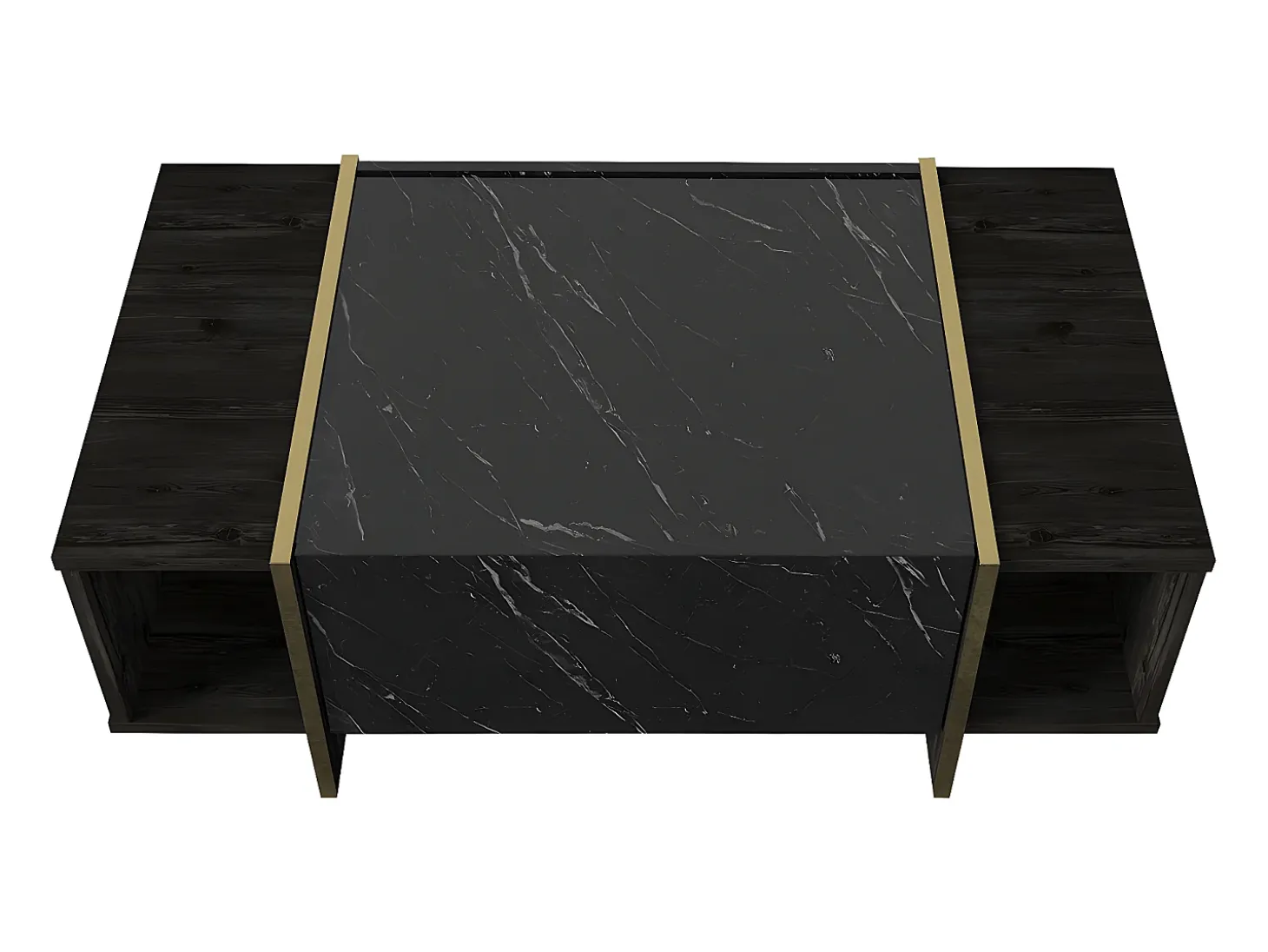 Mesa de centro - 1 porta e 2 nichos - Efeito mármore preto e dourado - CADEBA
