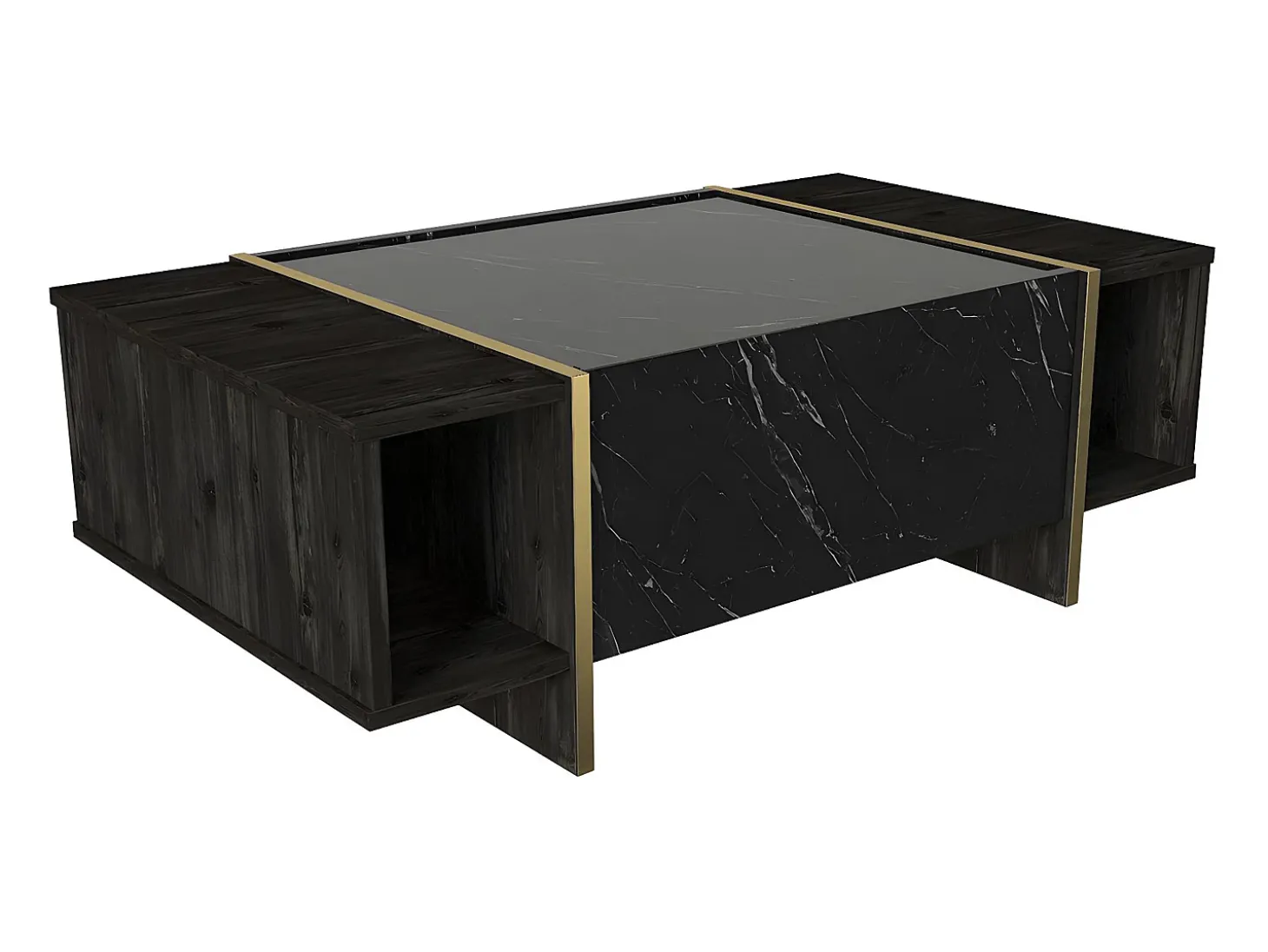 Mesa de centro - 1 porta e 2 nichos - Efeito mármore preto e dourado - CADEBA