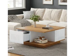 Mesa de centro 70×70×31,5 cm - com 3 gavetas - tampo quadrado - painel de partículas - branco + natural