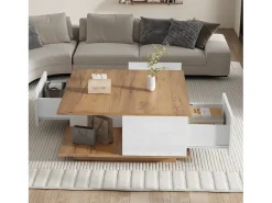 Mesa de centro 70×70×31,5 cm - com 3 gavetas - tampo quadrado - painel de partículas - branco + natural