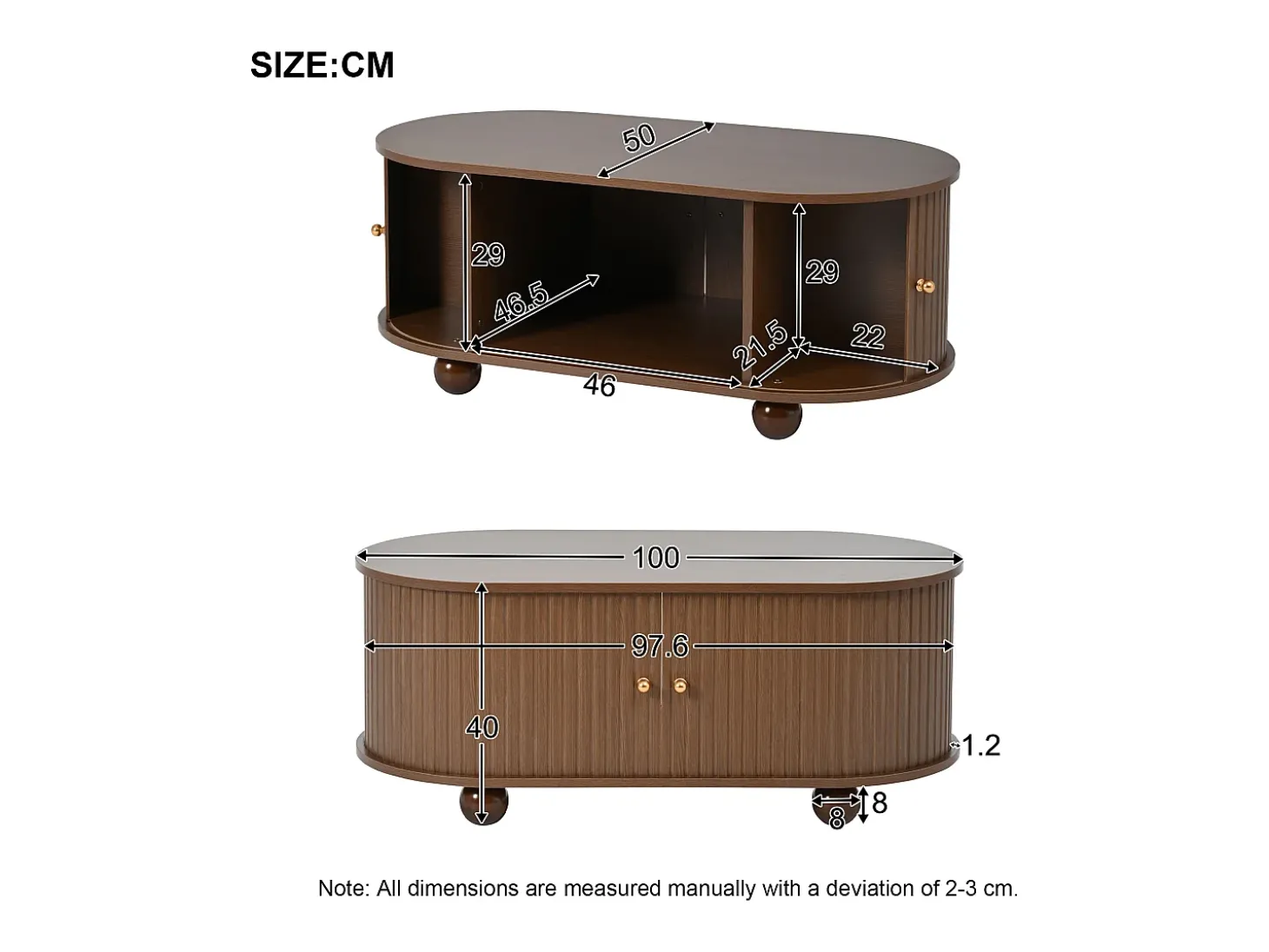 Mesa de centro 100×50×40 cm - com 2 portas de correr - compartimento de armazenamento - marrom