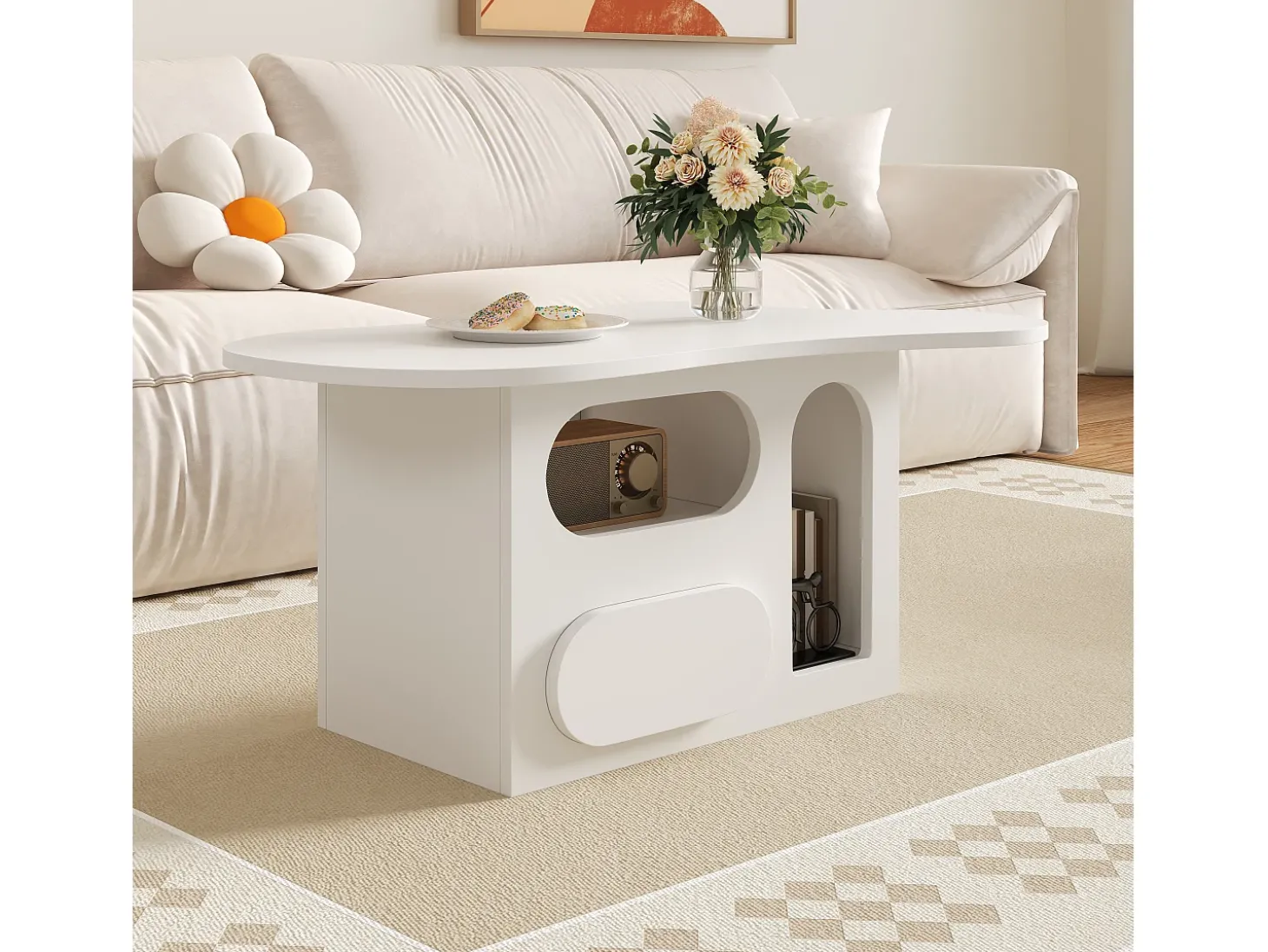 Mesa de centro 97×45×43,5 cm - com compartimento de armazenamento aberto - com 1 gaveta - branco
