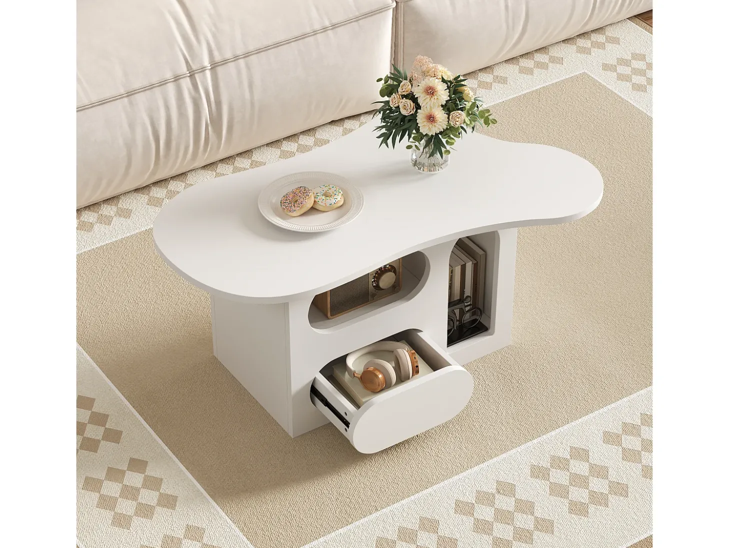 Mesa de centro 97×45×43,5 cm - com compartimento de armazenamento aberto - com 1 gaveta - branco