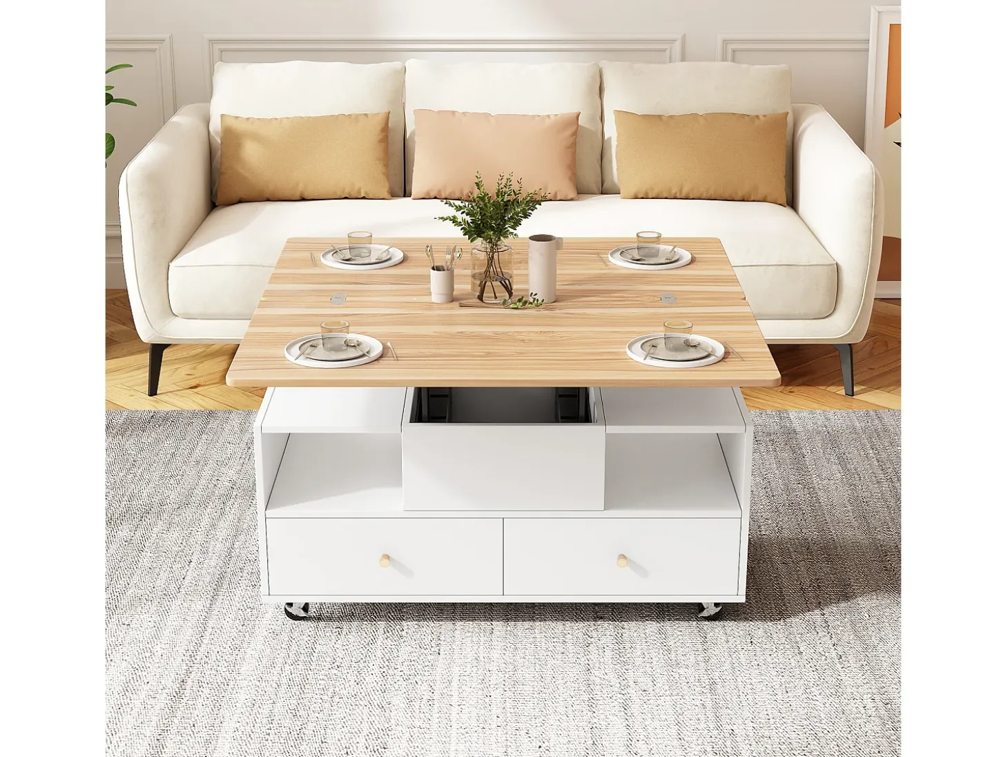 Mesa de centro 100×50×47.5 cm - com função dobrável - 4 gavetas - com rodinhas giratórias - branco + natural