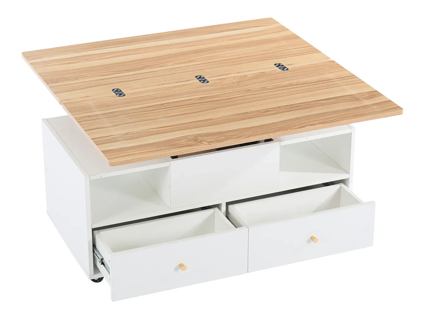 Mesa de centro 100×50×47.5 cm - com função dobrável - 4 gavetas - com rodinhas giratórias - branco + natural