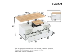 Mesa de centro 100×50×47.5 cm - com função dobrável - 4 gavetas - com rodinhas giratórias - branco + natural
