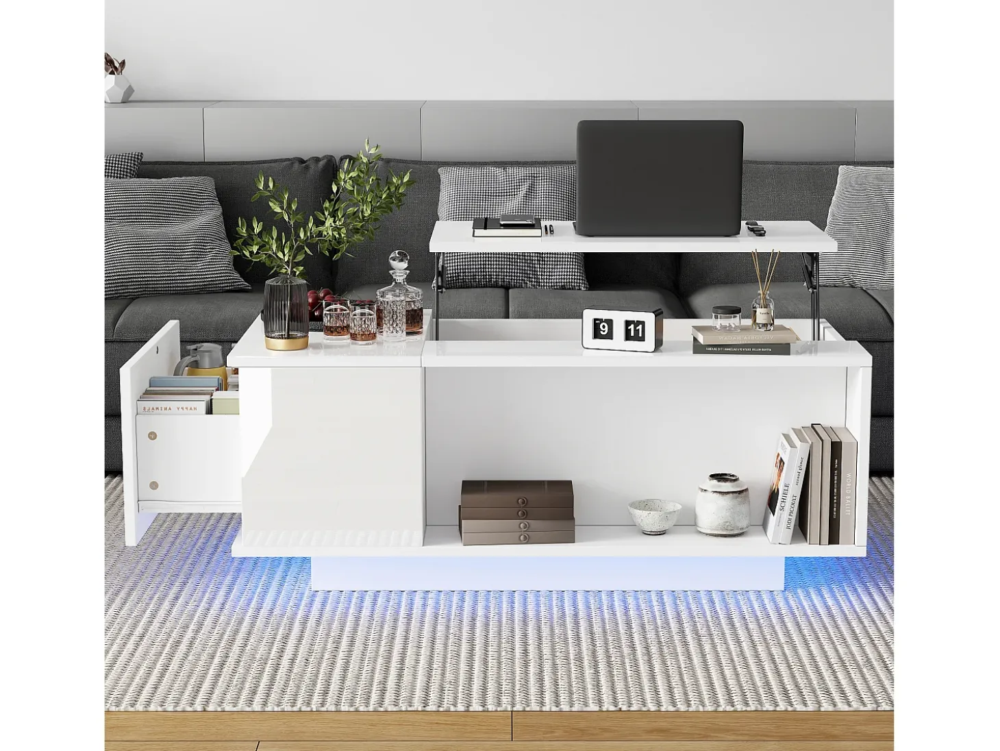 Mesa de centro 100×50×40 cm - com iluminação LED - 1 gaveta - com tampo ajustável - branco