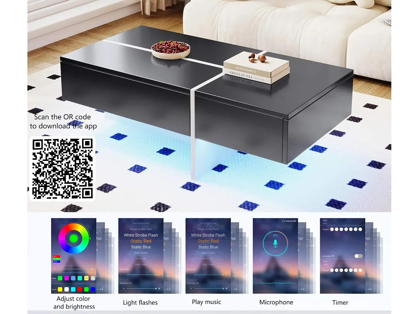 Mesa de centro - com sistema de iluminação LED controlado por aplicação - Preto