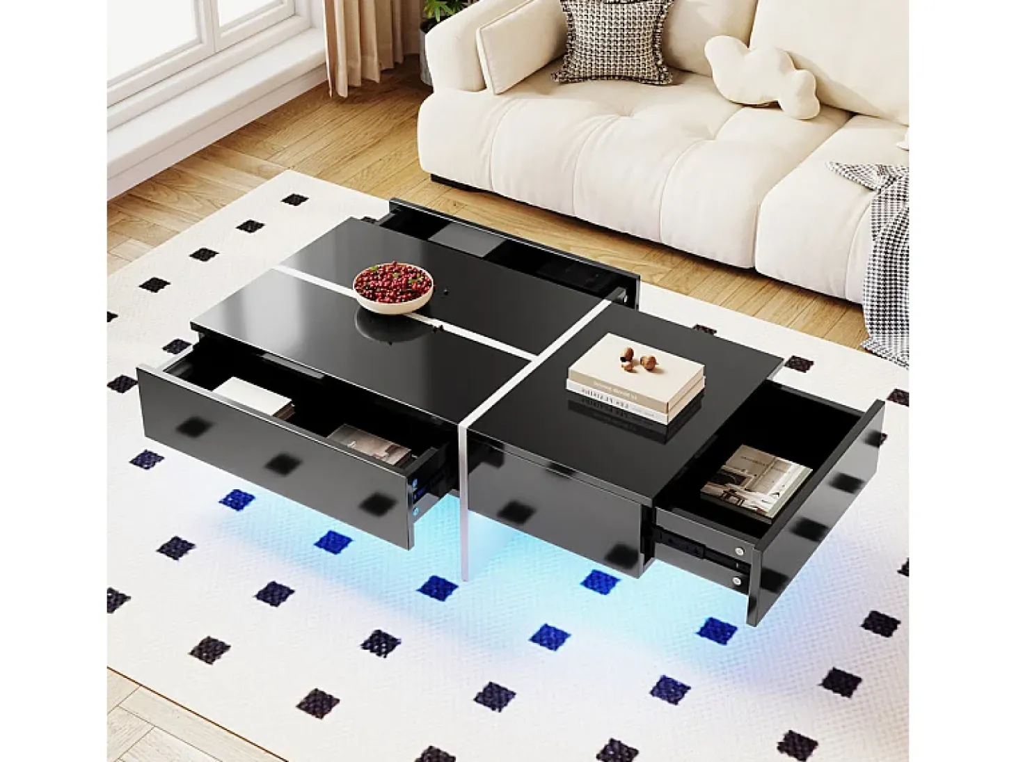 Mesa de centro - com sistema de iluminação LED controlado por aplicação - Preto