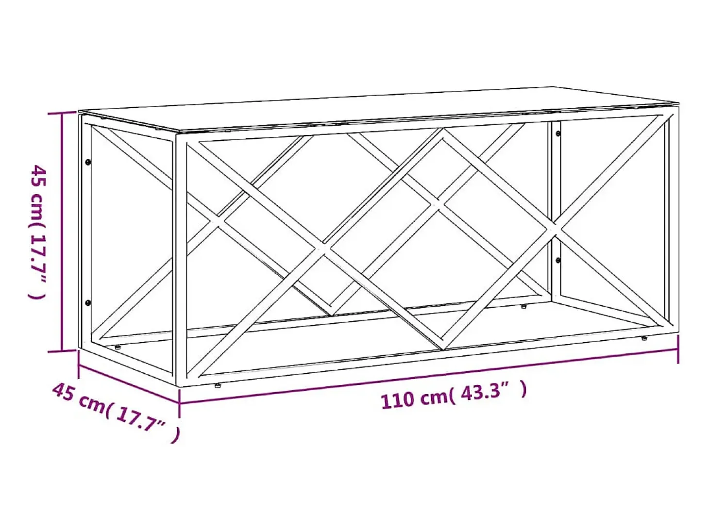 Mesa de centro | Mesa de apoio | Mesa de café 110x45x45 cm aço inoxidável e vidro
