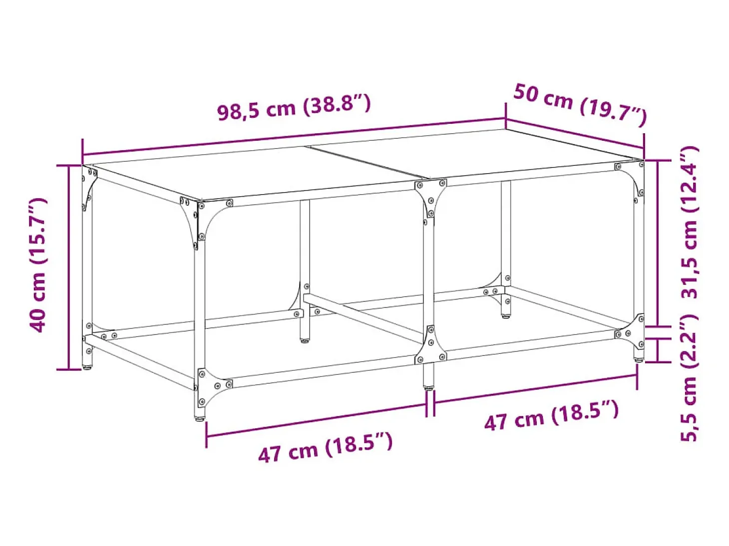 Mesa de centro | Mesa de apoio c/ topo em vidro transparente 98.5x50x40 cm aço