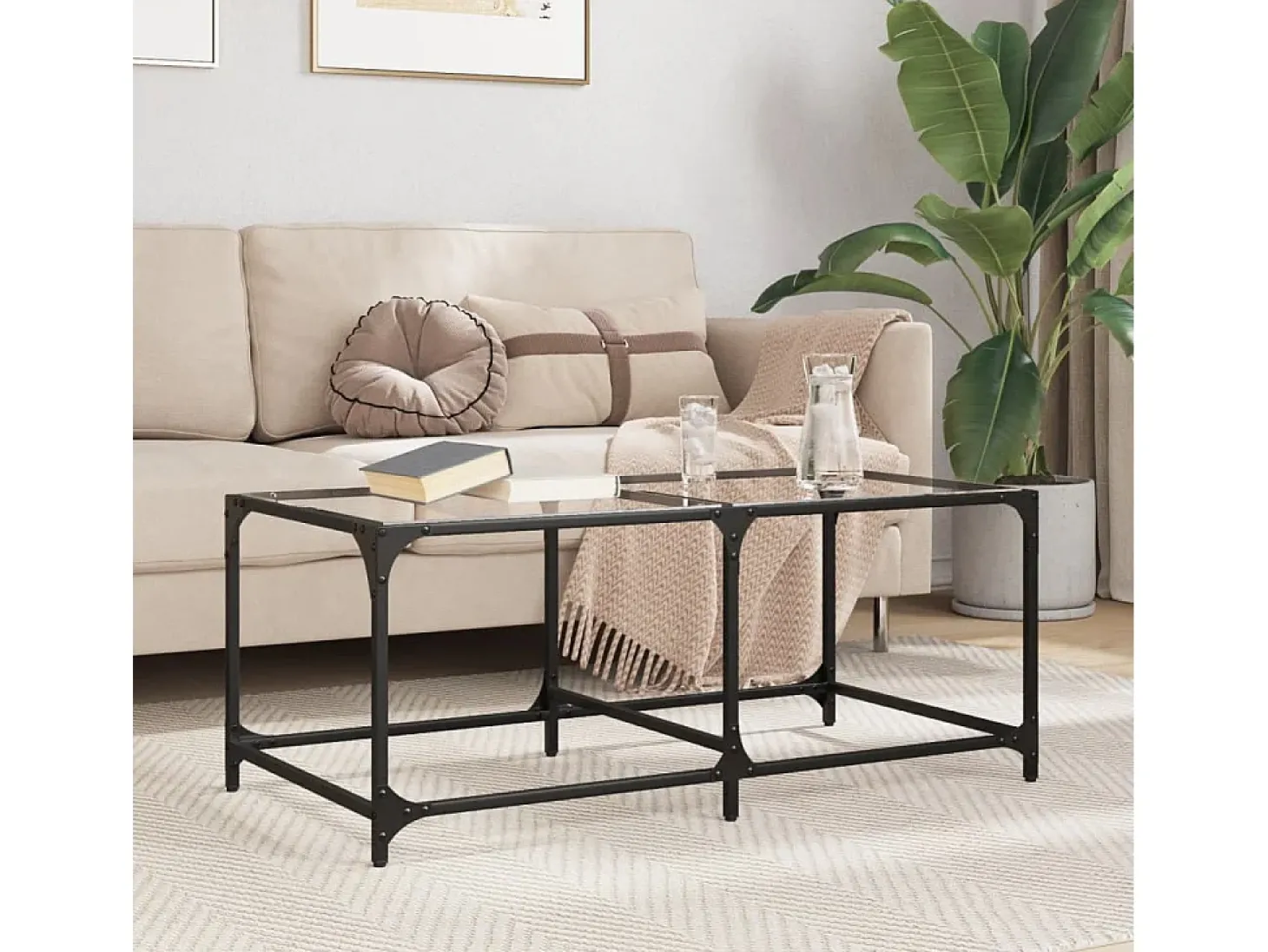 Mesa de centro | Mesa de apoio c/ topo em vidro transparente 98.5x50x40 cm aço