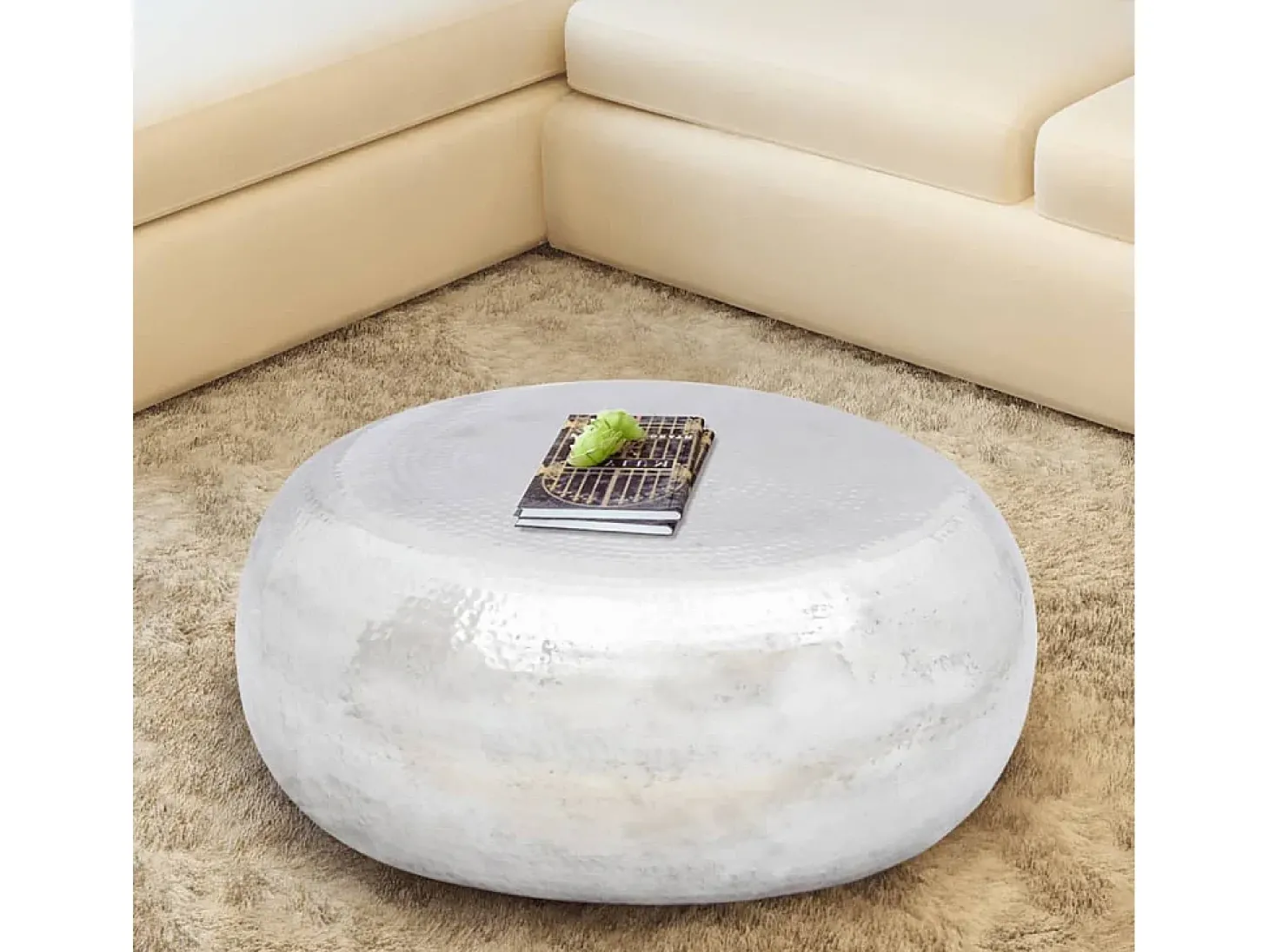 Mesa de centro | Mesa de apoio martelada em alumínio prateado
