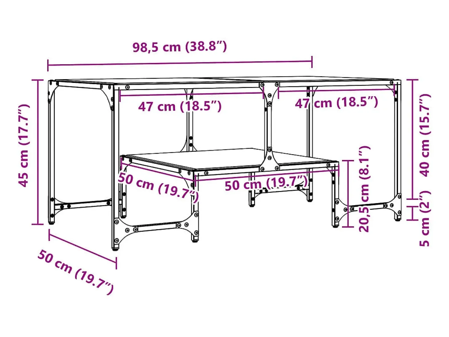 Mesa de centro | Mesa de apoio c/ topo em vidro transparente 98.5x50x45 cm aço