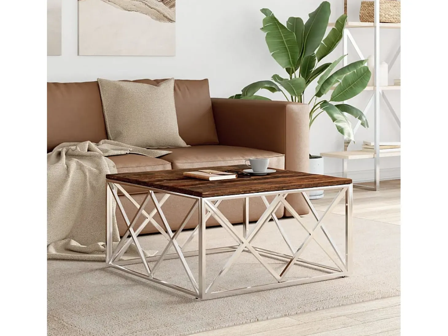 Mesa de centro | Mesa de apoio | Mesa de café aço inoxidável e madeira recuperada maciça