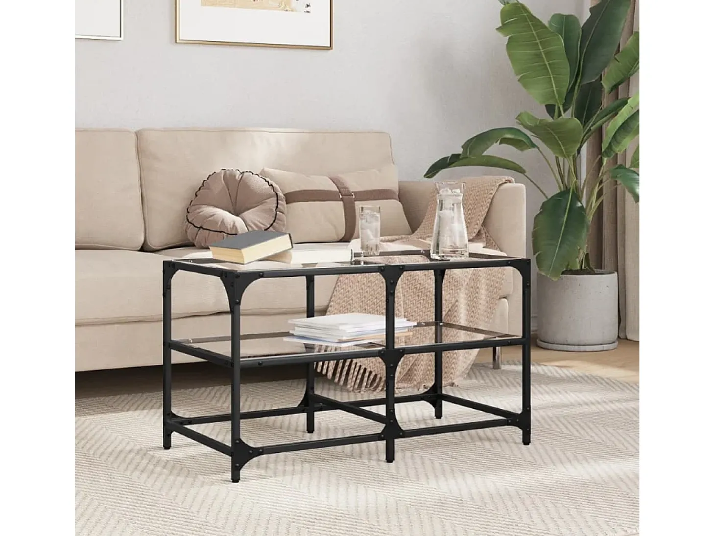 Mesa de centro | Mesa de apoio c/ topo em vidro transparente 78.5x40x45 cm aço