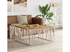 Mesa de centro | Mesa de apoio | Mesa de café aço inoxidável/madeira recuperada maciça prateado