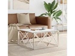 Mesa de centro | Mesa de apoio | Mesa de café 80x80x40 cm aço inoxidável e vidro prateado