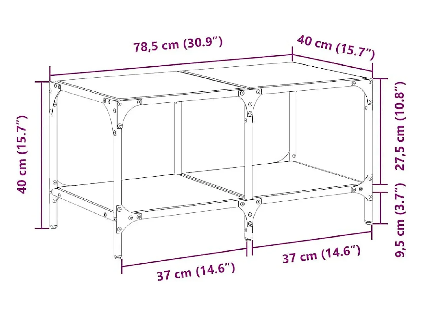 Mesa de centro | Mesa de apoio c/ topo em vidro transparente 78.5x40x40 cm aço