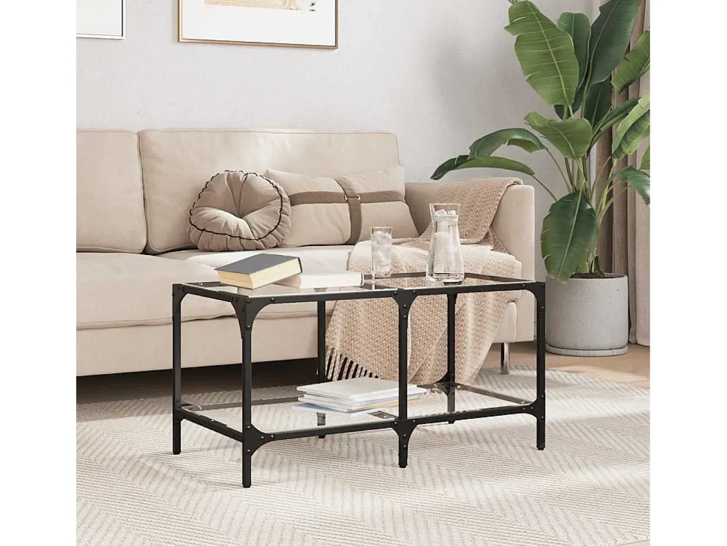 Mesa de centro | Mesa de apoio c/ topo em vidro transparente 78.5x40x40 cm aço