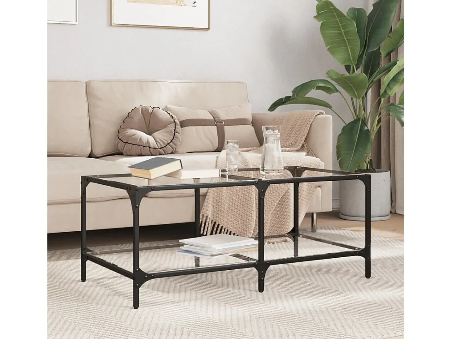 Mesa de centro | Mesa de apoio c/ topo em vidro transparente 98.5x50x40 cm aço