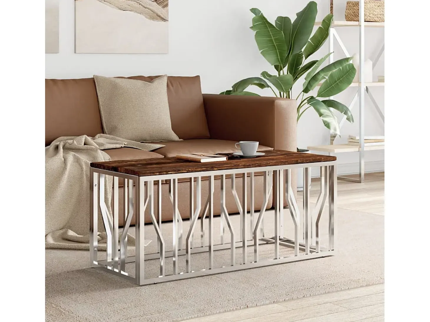 Mesa de centro | Mesa de apoio | Mesa de café aço inoxidável e madeira recuperada maciça