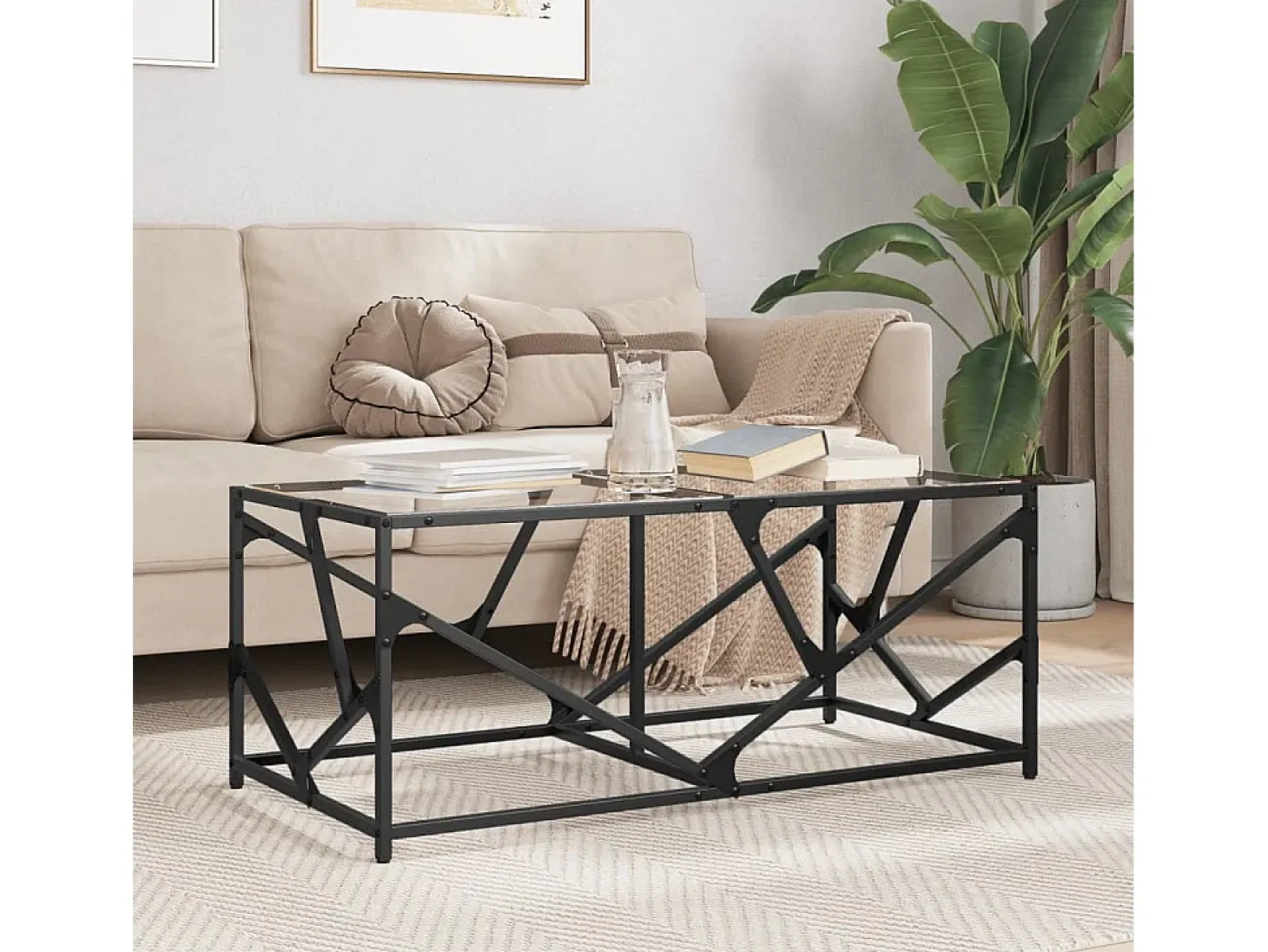 Mesa de centro | Mesa de apoio c/ topo em vidro transparente 98.5x50x41 cm aço