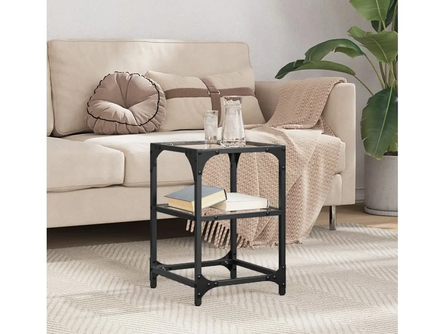 Mesa de centro | Mesa de apoio c/ tampo em vidro transparente 30x30x45 cm aço