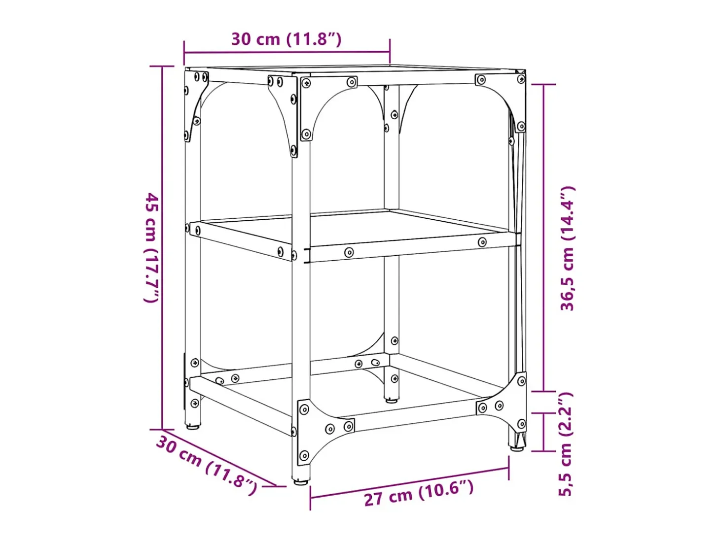 Mesa de centro | Mesa de apoio c/ tampo em vidro transparente 30x30x45 cm aço