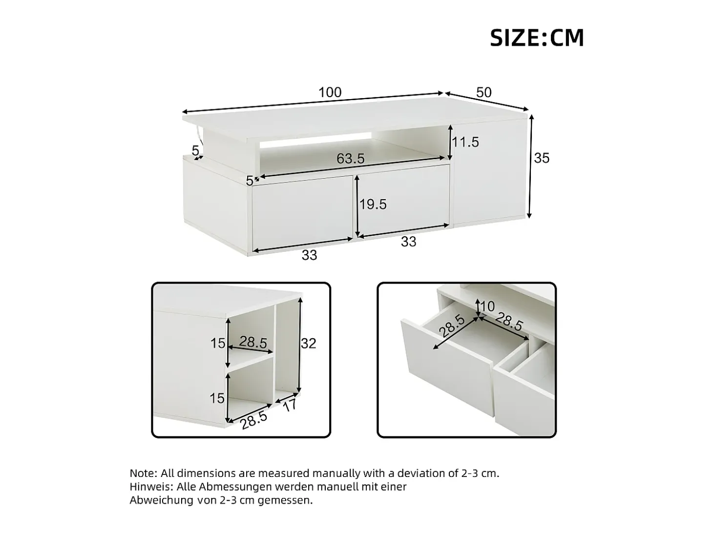 Mesa de centro 100 x 50 x 35 cm com iluminação LED e 2 gavetas - Branca
