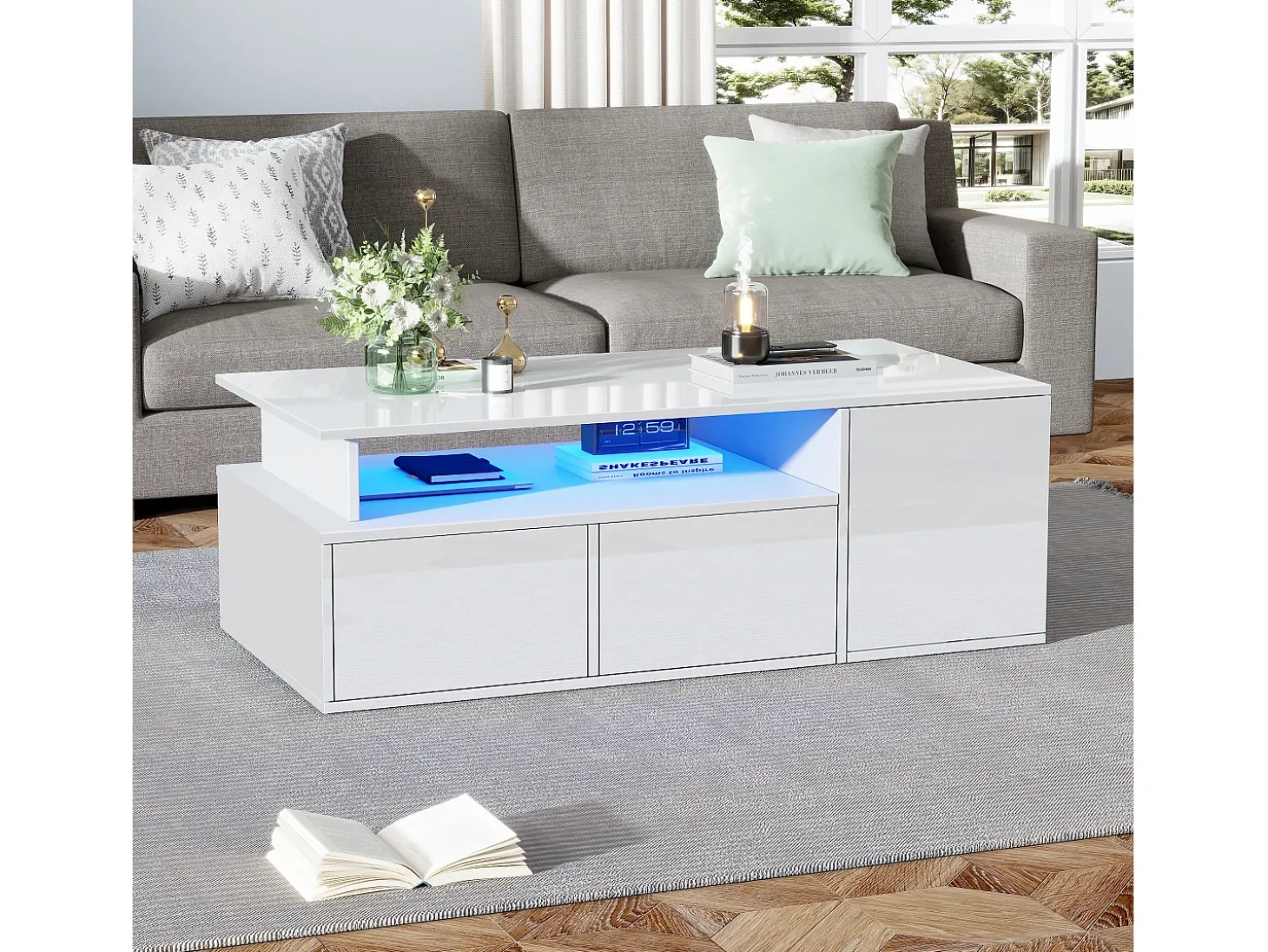 Mesa de centro 100 x 50 x 35 cm com iluminação LED e 2 gavetas - Branca