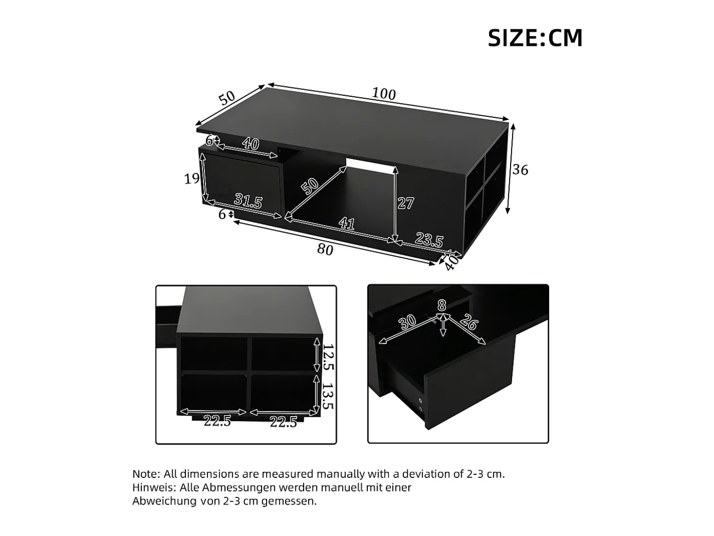 Mesa de centro 100 x 50 x 36 cm com gaveta, LED - Preta
