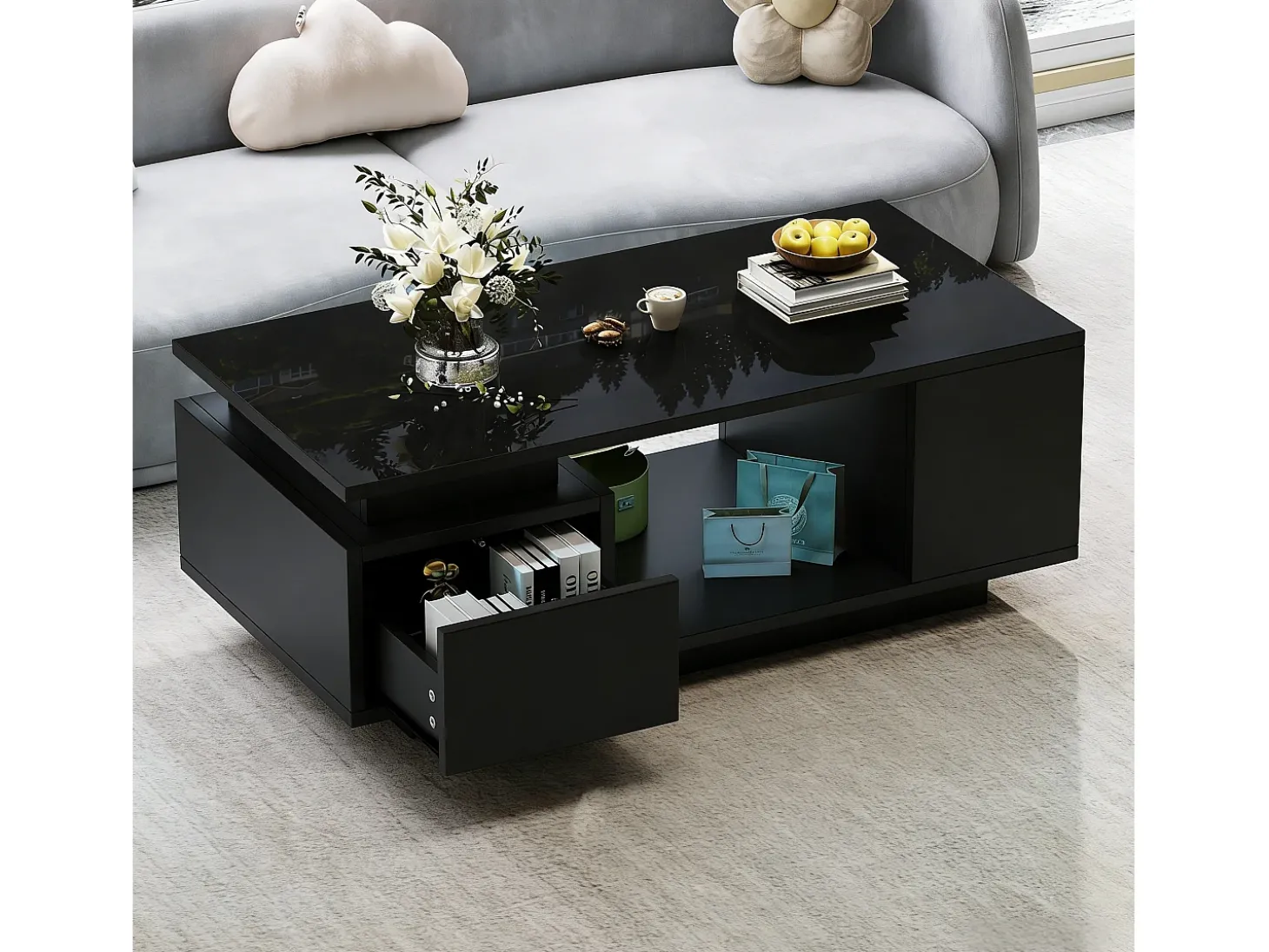 Mesa de centro 100 x 50 x 36 cm com gaveta, LED - Preta