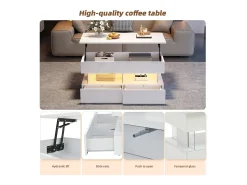 Mesa de centro ajustável 100×50×46 cm - com iluminação LED - 2 gavetas - MDF + vidro temperado - branco