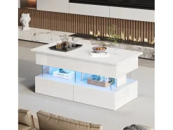 Mesa de centro ajustável 100×50×46 cm - com iluminação LED - 2 gavetas - MDF + vidro temperado - branco