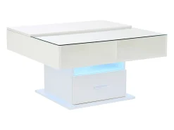 Mesa de centro ajustável 78×78×45,5 cm - com iluminação LED - 1 gaveta - prateleiras abertas - branco