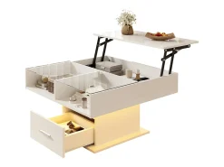 Mesa de centro ajustável 78×78×45,5 cm - com iluminação LED - 1 gaveta - prateleiras abertas - branco