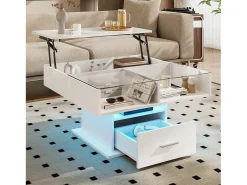Mesa de centro ajustável 78×78×45,5 cm - com iluminação LED - 1 gaveta - prateleiras abertas - branco