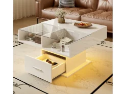 Mesa de centro ajustável 78×78×45,5 cm - com iluminação LED - 1 gaveta - prateleiras abertas - branco