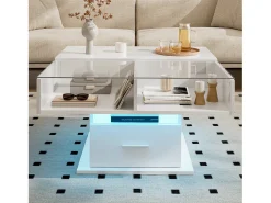 Mesa de centro ajustável 78×78×45,5 cm - com iluminação LED - 1 gaveta - prateleiras abertas - branco