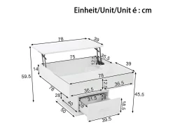 Mesa de centro ajustável 78×78×45,5 cm - com iluminação LED - 1 gaveta - prateleiras abertas - branco