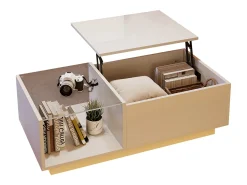 Mesa de centro ajustável - 100 x 50 x 33 cm - com LEDs + armazenamento oculto + prateleira - aglomerado - branco