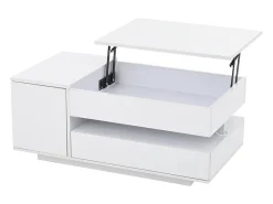 Mesa de centro ajustável 95×50×34,5 cm - Acabamento brilhante - 1 gaveta e 1 porta - Iluminação LED - Branco