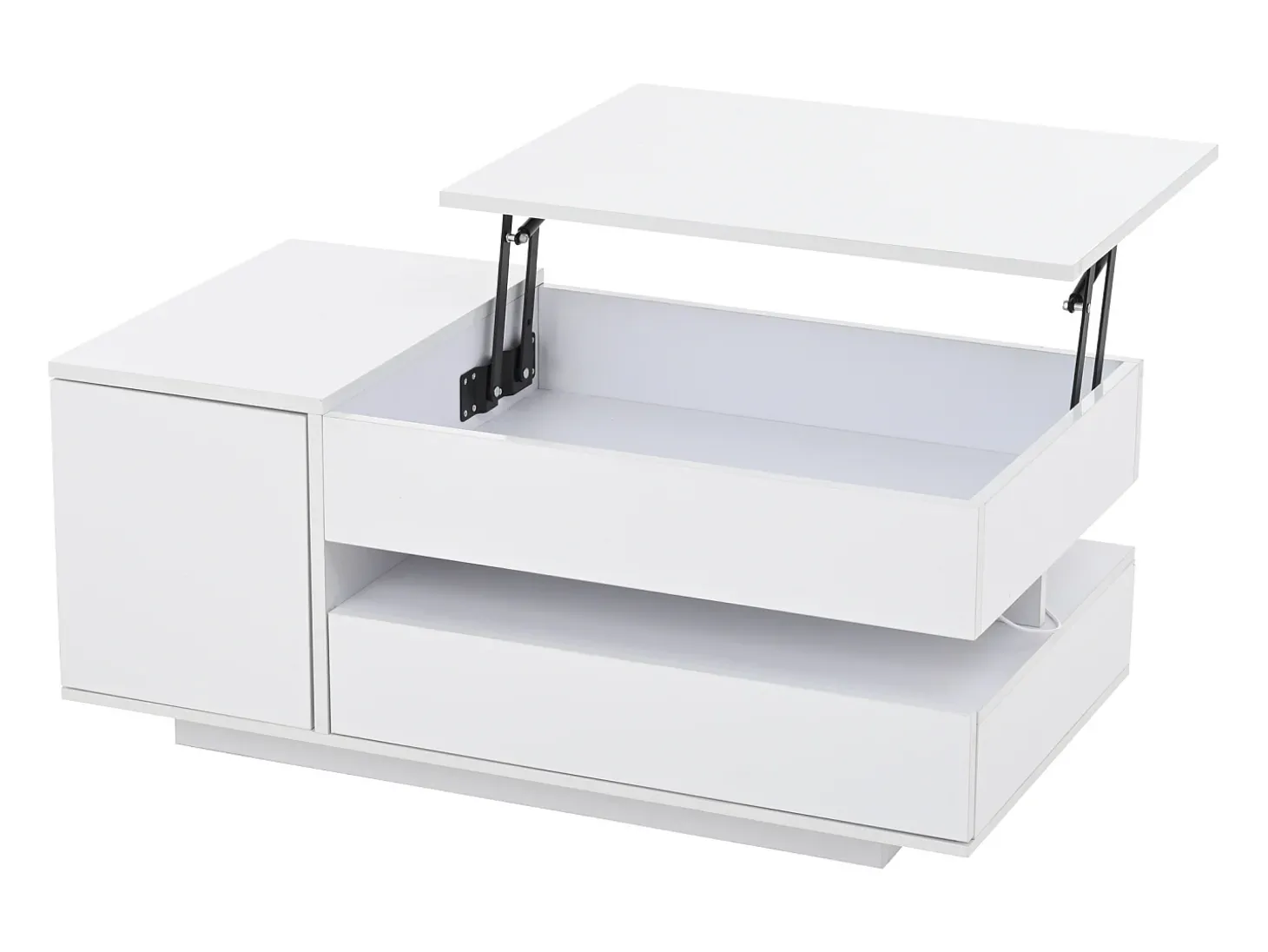 Mesa de centro ajustável 95×50×34,5 cm - Acabamento brilhante - 1 gaveta e 1 porta - Iluminação LED - Branco