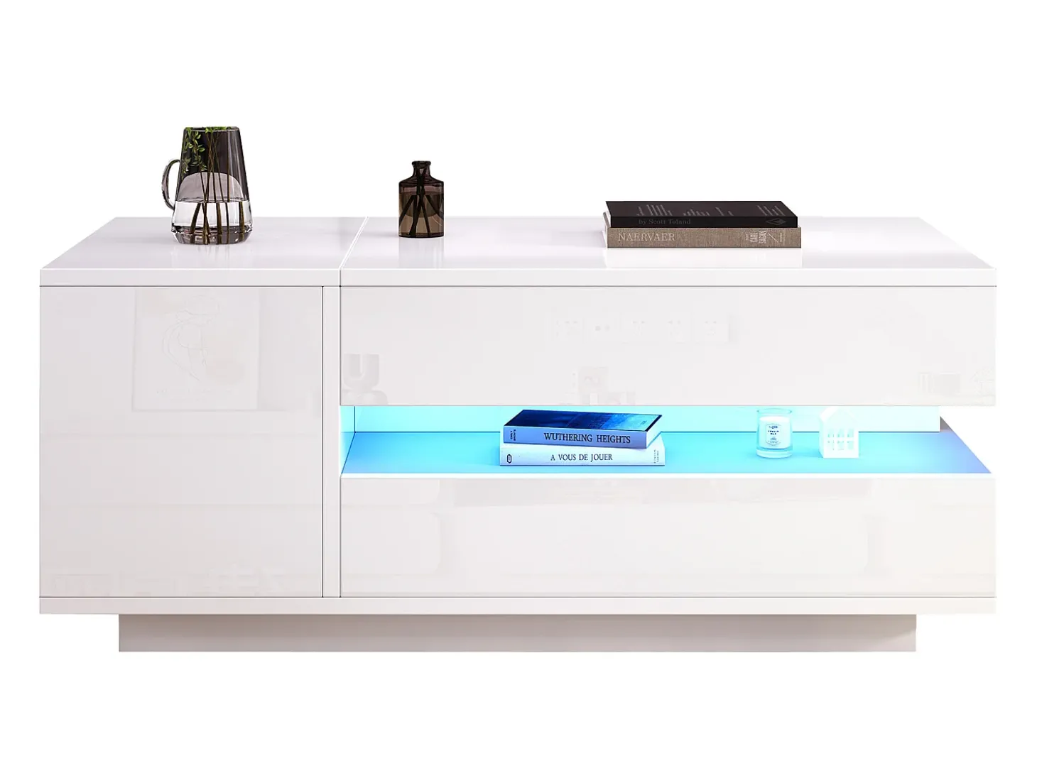 Mesa de centro ajustável 95×50×34,5 cm - Acabamento brilhante - 1 gaveta e 1 porta - Iluminação LED - Branco