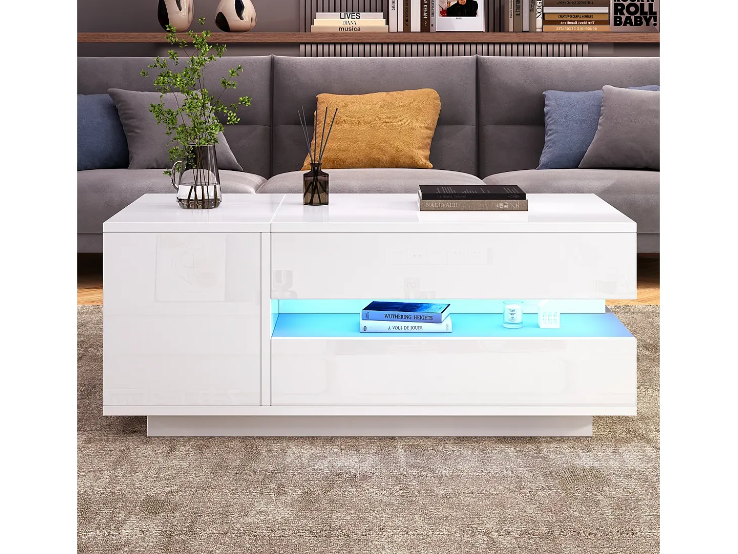 Mesa de centro ajustável 95×50×34,5 cm - Acabamento brilhante - 1 gaveta e 1 porta - Iluminação LED - Branco