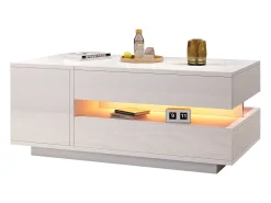 Mesa de centro ajustável 95×50×34,5 cm - Acabamento brilhante - 1 gaveta e 1 porta - Iluminação LED - Branco