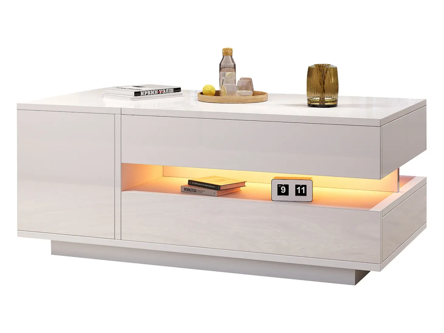 Mesa de centro ajustável 95×50×34,5 cm - Acabamento brilhante - 1 gaveta e 1 porta - Iluminação LED - Branco