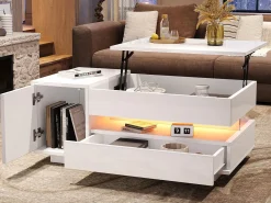 Mesa de centro ajustável 95×50×34,5 cm - Acabamento brilhante - 1 gaveta e 1 porta - Iluminação LED - Branco
