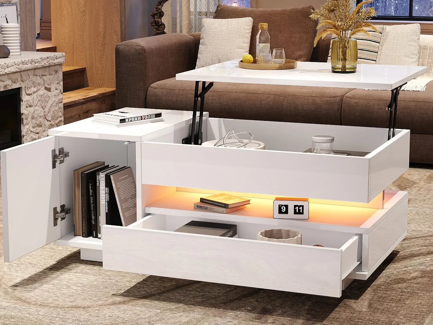 Mesa de centro ajustável 95×50×34,5 cm - Acabamento brilhante - 1 gaveta e 1 porta - Iluminação LED - Branco